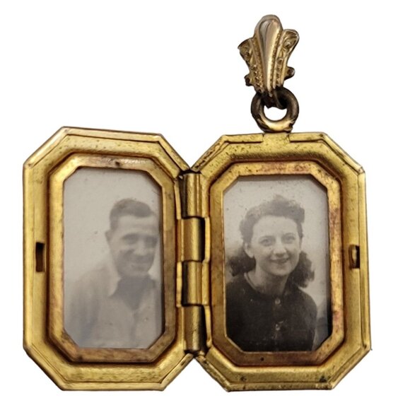 Gold Filled Vintage Hinged Square Locket With Black & White Photos Pendant E848 - Picture 6 of 9